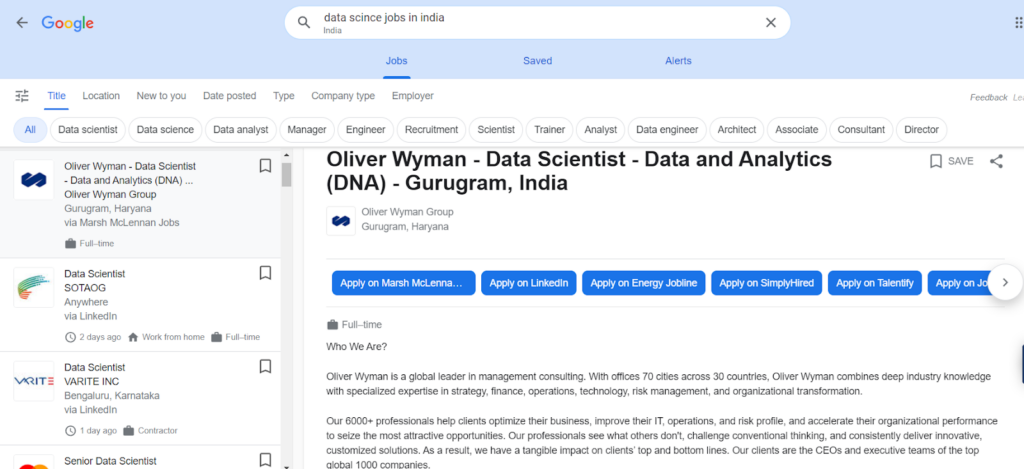 Google Jobs on data science