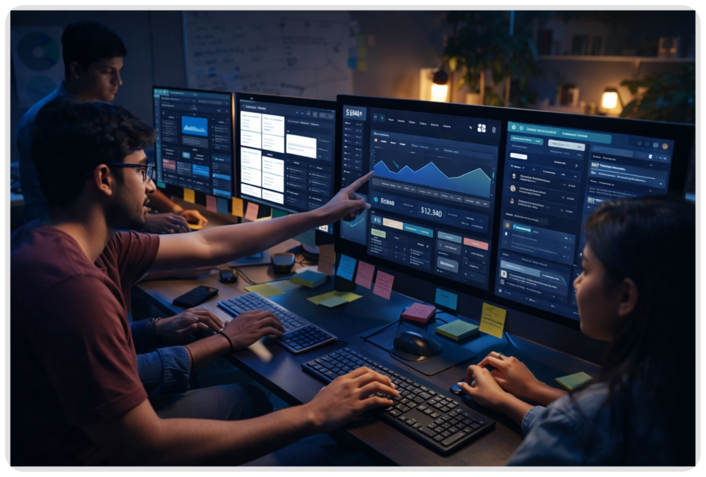 Software development team working on dashboards